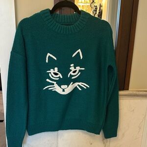 Chic Teal Cat Design Sweater